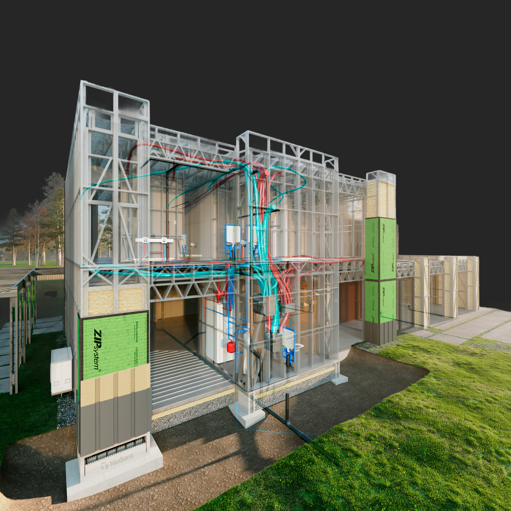 Cutaway of a HOWMZ home showing the structural and mechanical systems — steel framing, closed-cell foam insulation, and color-coded heating, cooling, and ventilation runs